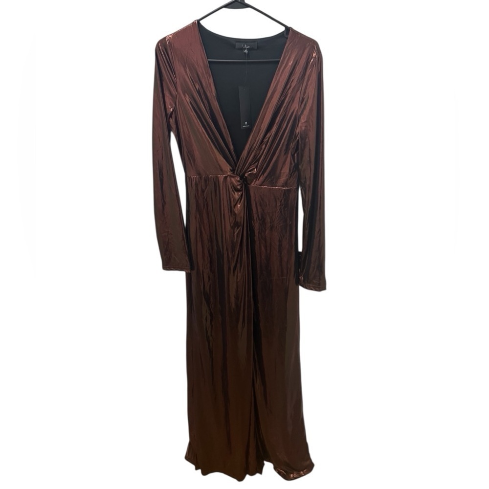 Shining Babe Brown Metallic Long Sleeve Twist-Front Maxi Dress Size Medium - Picture 2 of 6